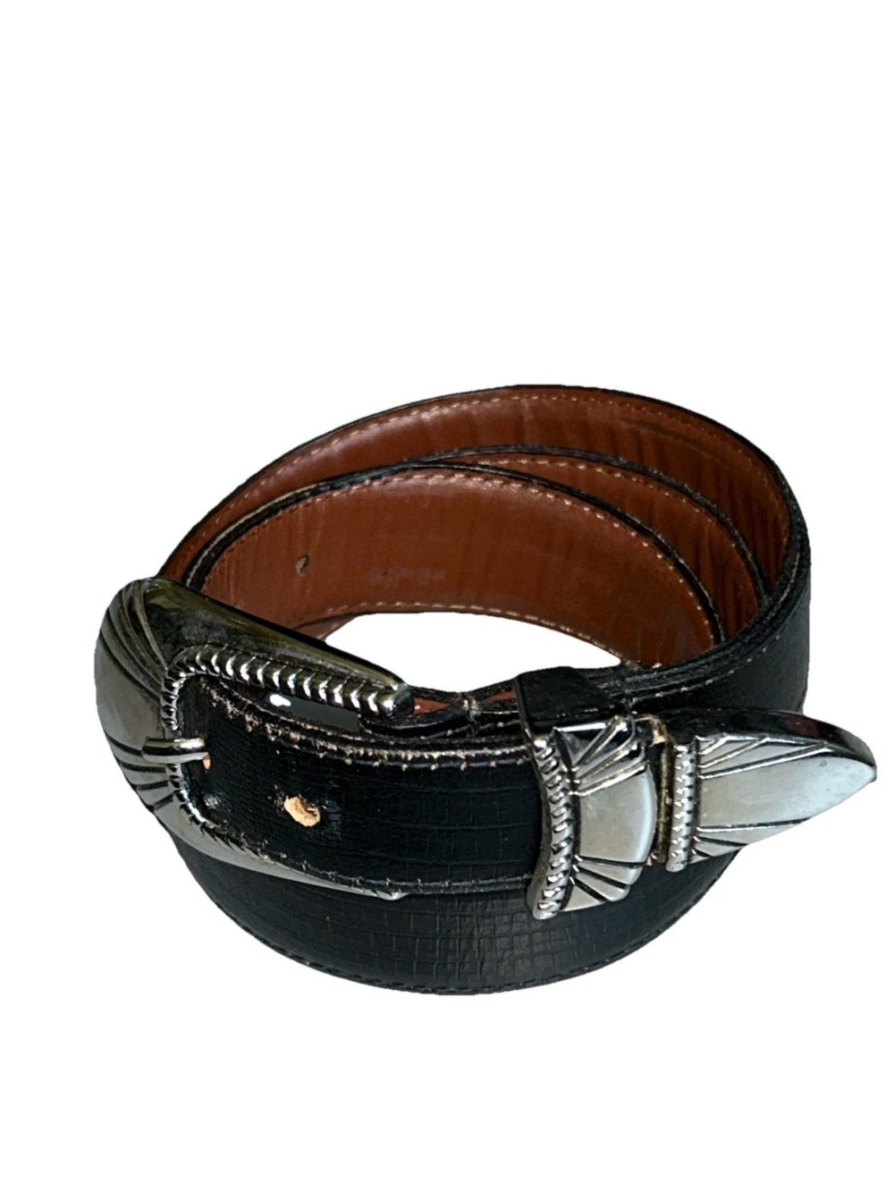 JOHNSON & MURPHY Belt Lizard Grain Silver & Brass Tone Buckle Size 34 Made In US